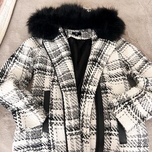 Iz Byer black and white tweed coat